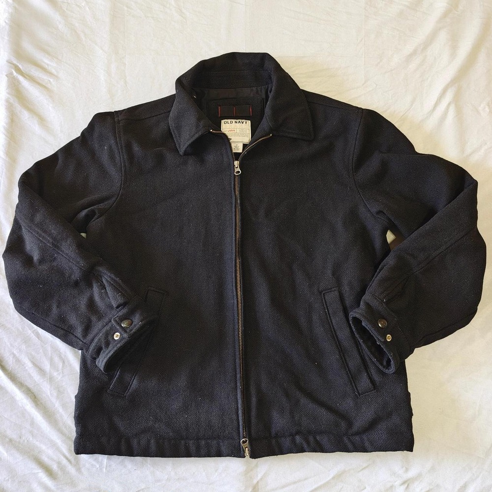 Old Navy Vintage Wool Blend Bomber Jacket Black Zip Up Insulated Mens Medium M